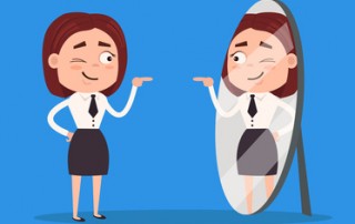 Happy smiling narcissistic business woman office worker character looks at mirror. Vector flat cartoon illustration